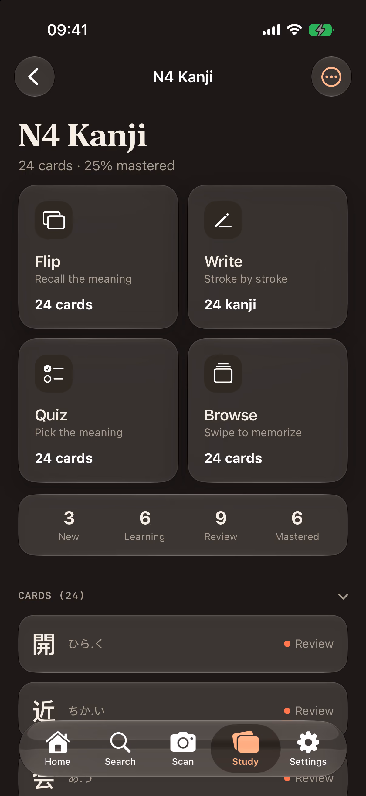 A deck screen for N4 Kanji, 24 cards at 25% mastered, offering four ways to study it — Flip, Write, Quiz and Browse — above a count of new, learning, review and mastered cards.
