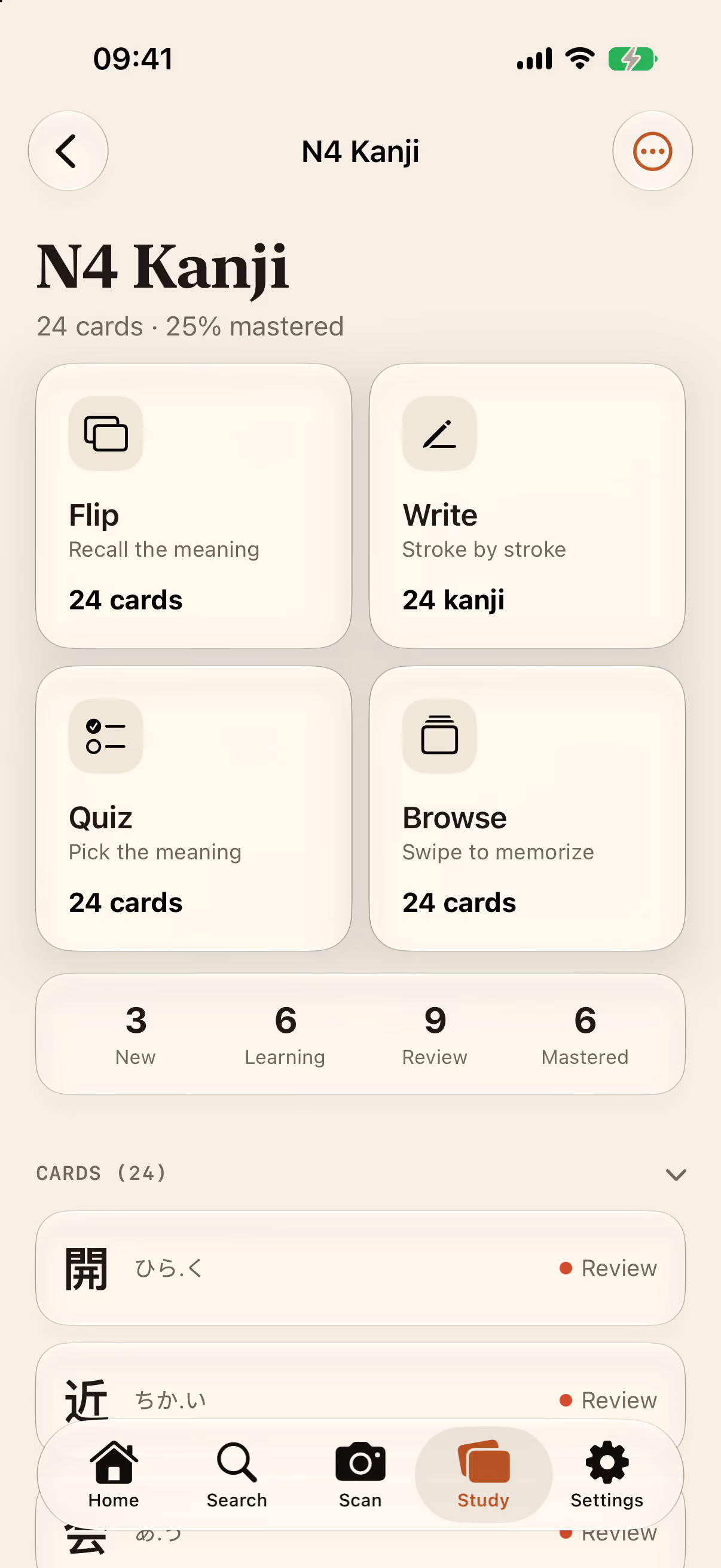 A deck screen for N4 Kanji, 24 cards at 25% mastered, offering four ways to study it — Flip, Write, Quiz and Browse — above a count of new, learning, review and mastered cards.