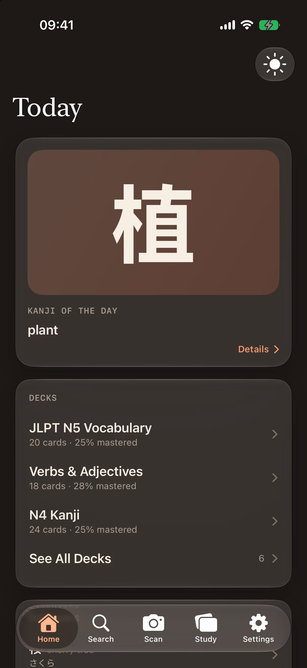 Kotoba's Today screen: a kanji of the day card for 植, “plant”, above a list of decks — JLPT N5 Vocabulary, Verbs & Adjectives and N4 Kanji — each with its card count and how much of it is mastered.