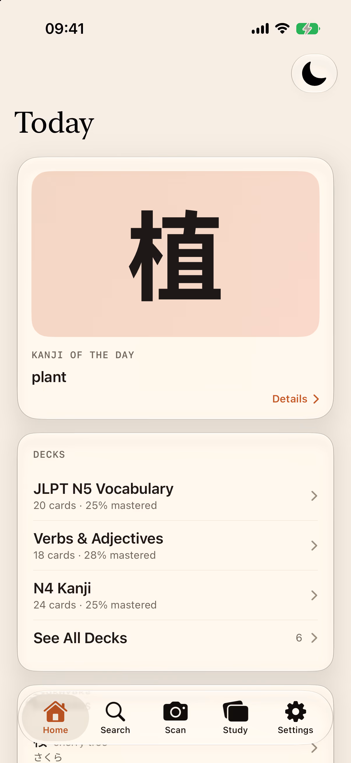 Kotoba's Today screen: a kanji of the day card for 植, “plant”, above a list of decks — JLPT N5 Vocabulary, Verbs & Adjectives and N4 Kanji — each with its card count and how much of it is mastered.